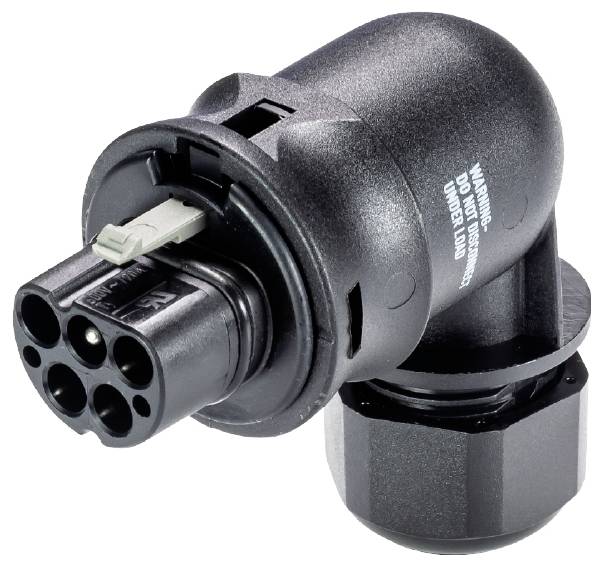 Schwarzer, abgewinkelter elektrischer Stecker für industrielle Anwendungen mit mehreren Steckplätzen und Schraubverbindung.