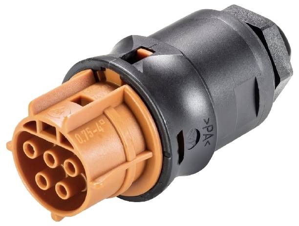 Ein runder, mehrpoliger Steckverbinder. Orange kontaktgebogene Einlassung, schwarzes Gehäuse. Wird häufig in elektronischen Anwendungen verwendet.