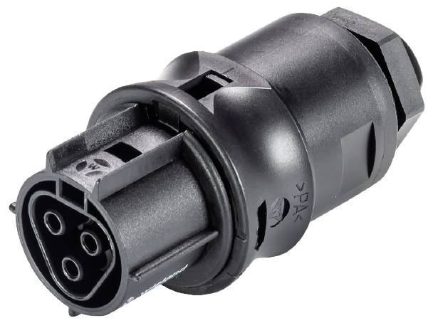 Schwarzer elektrischer Stecker mit mehreren Anschlüssen, seitliche Ansicht.