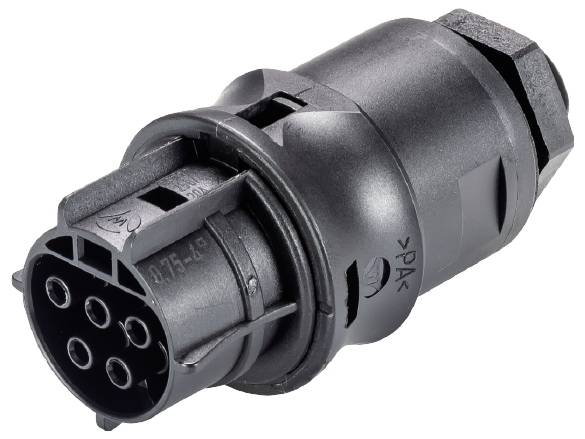 Schwarzer Mehrfachstecker, zylindrische Form, mit mehreren runden Anschlüssen an einem Ende, dient zur elektrischen Verbindung.