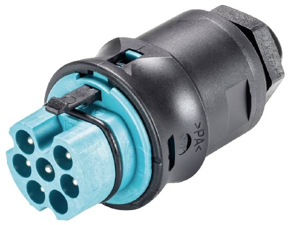 Ein elektrischer Stecker mit verschiedenen runden Anschlüssen und einem schwarzen Kunststoffgehäuse. Es wird zum Verbinden elektrischer Geräte verwendet.