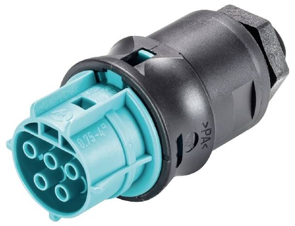 Ein schwarzer und türkisfarbener Kunststoffstecker mit mehreren runden Löchern, geeignet für elektrische Verbindungen.