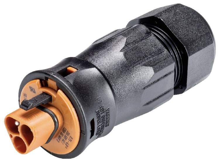 Schwarzer und orangefarbener elektrischer Steckverbinder mit zwei Kontaktpunkten, konzentrischen Markierungen, und geriffelter Oberfläche.