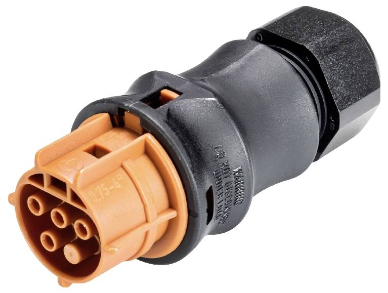 Ein schwarzer und orangefarbener elektrischer Steckverbinder mit sechspoligem Anschluss, typisch für industrielle Anwendungen.