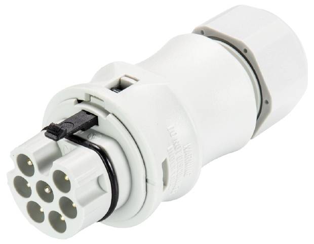 Ein weißer, sechspoliger Elektrokabelstecker, hauptsächlich für industrielle Anwendungen, wird auf einer weißen Oberfläche gezeigt.