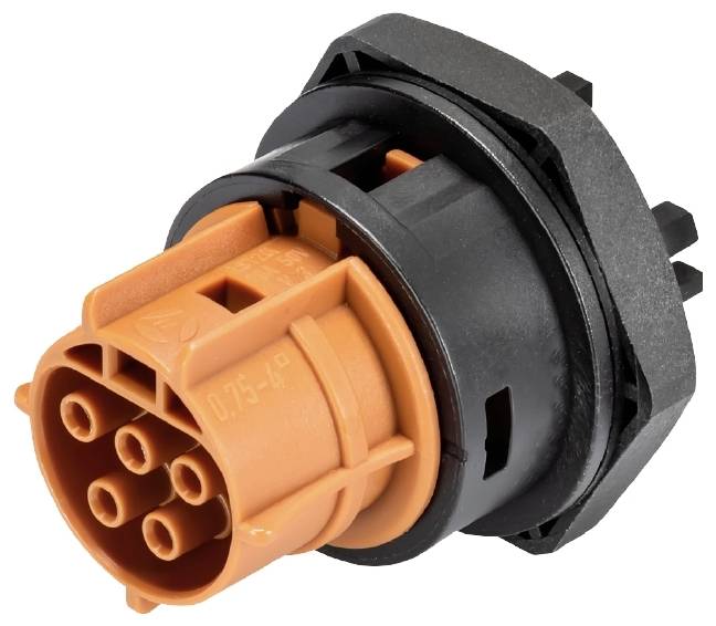 Ein orangefarbener, zylindrischer Steckverbinder mit mehreren Anschlussöffnungen, umgeben von einem schwarzen Gehäuse.