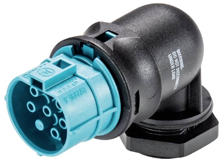 Ein blauer elektrischer Stecker mit schwarzem Gehäuse und mehreren metallischen Kontakten, möglicherweise für industrielle Anwendungen.