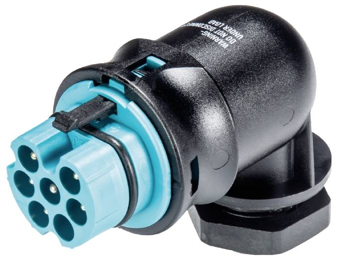 Adapterstecker für Anhänger, zeigt eine schwarze Kunststoffhülle mit blauer Anschlussbuchse für elektrische Verbindungen.