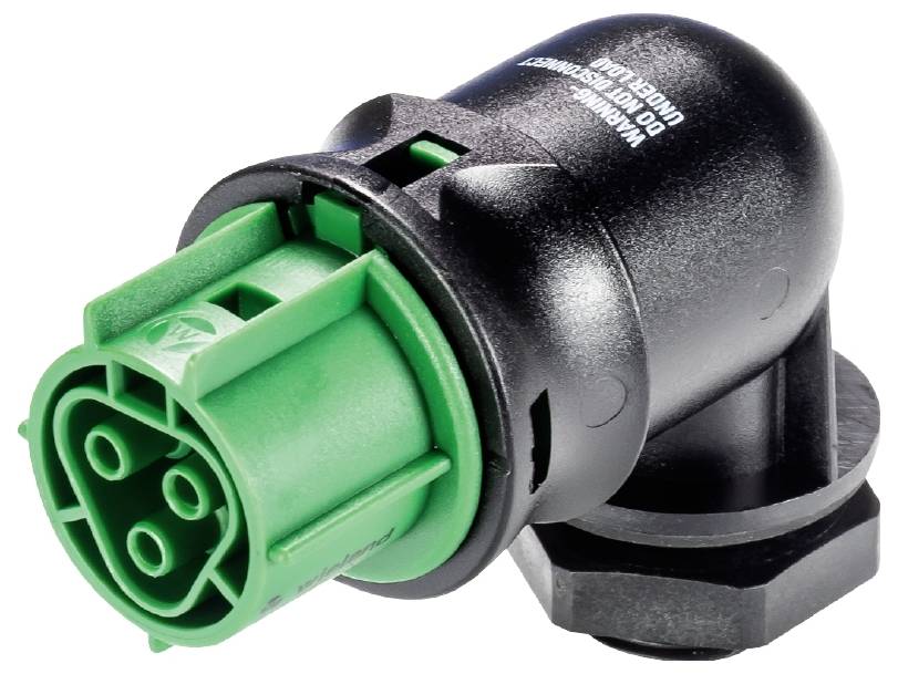 Schwarzer und grüner elektrischer Stecker, rundes Design, mit vier Pins, für Kabelverbindungen in industriellen Anwendungen geeignet.
