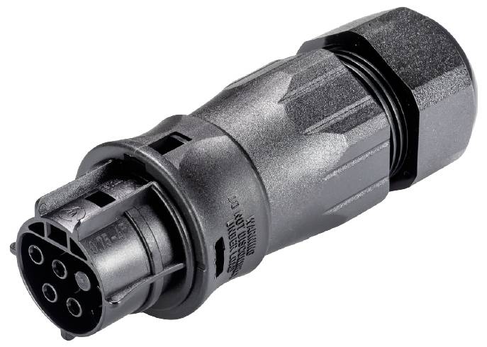 Schwarzer Steckverbinder mit sechspoliger Anschlussfläche, geeignet für elektrische Verbindungen. Robuste Bauweise und rutschfeste Oberfläche.