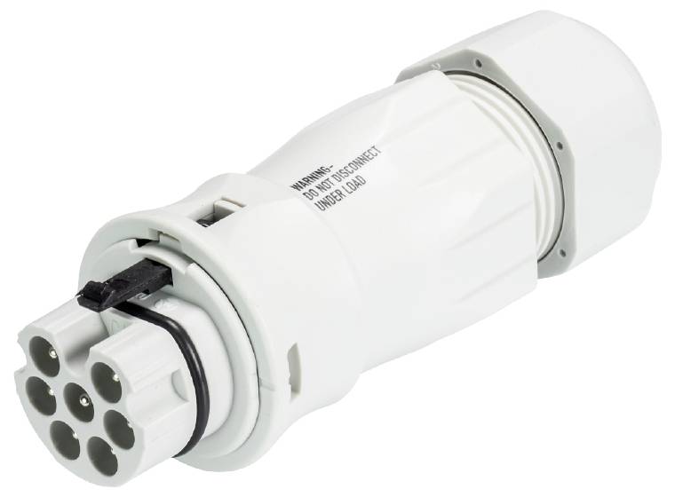 Ein weißer, zylindrischer elektrischer Stecker mit mehreren runden Anschlüssen an einem Ende.