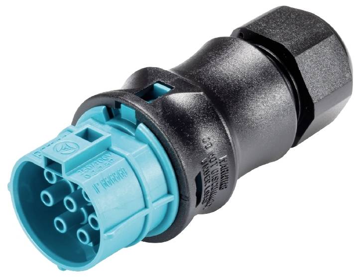 Ein schwarzer und türkisfarbener elektrischer Steckverbinder mit mehreren Pins und einer Verschraubung, aus robustem Material gefertigt.