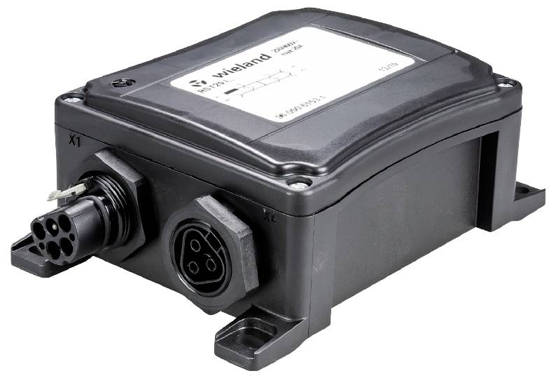 Elektronisches Gehäuse für industrielle Anwendungen, rechteckig mit mehreren Anschlussmöglichkeiten und eingeprägtem Herstellerlogo.