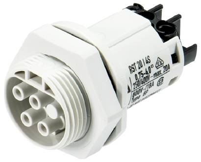 Ein weißer, zylindrischer Steckverbinder mit mehreren Steckplätzen und schwarzer Rückseite. Geeignet für bis zu 250V und max. 20A.
