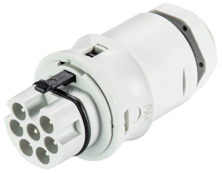 Ein zylindrischer, weißer elektrischer Stecker mit mehreren runden Stiftanschlüssen auf einem weißen Hintergrund.