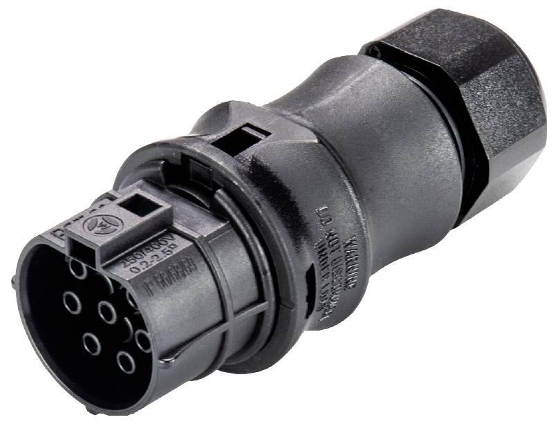 Ein schwarzer, zylindrischer elektrischer Stecker mit mehreren runden Pins. Er ist für den Anschluss in der Elektronik konzipiert.