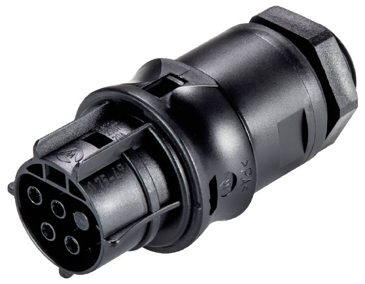 Schwarzer, zylindrischer Stecker mit mehreren Anschlussstiften, geeignet für elektrische Verbindungen in technischen Anwendungen.