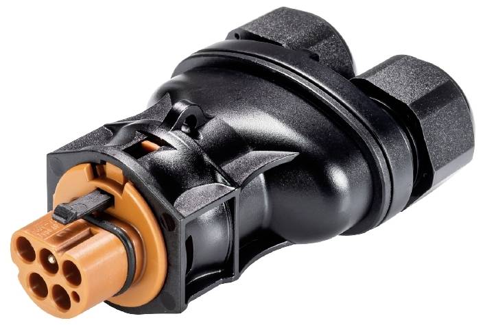 Ein schwarzer und oranger Stecker für elektrische Verbindungen, bestehend aus mehreren Anschlüssen, dargestellt aus einem Winkel.