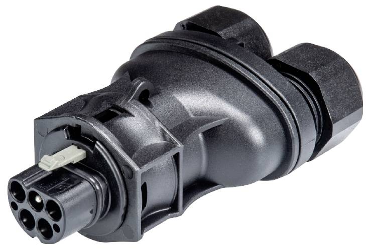 Ein schwarzer Stecker mit mehreren Anschlüssen, verwendet für industrielle Anwendungen. Er hat eine robuste Bauweise und sichere Verriegelungen.