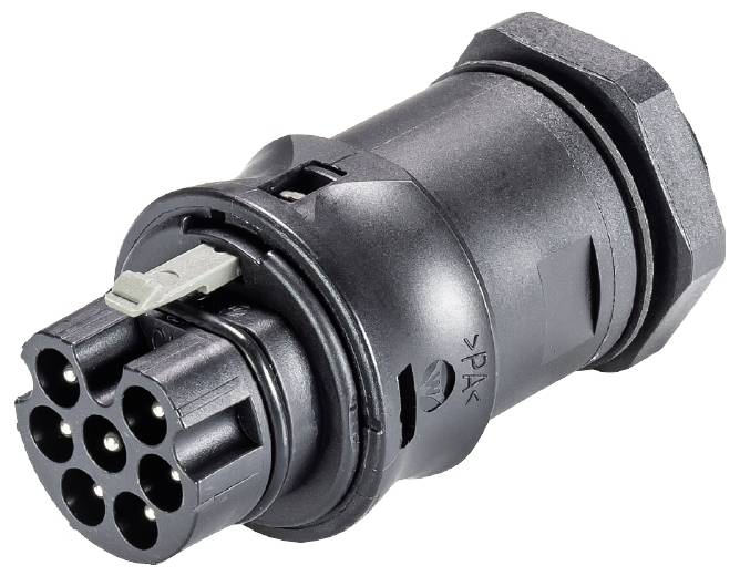 Schwarzer elektrischer Stecker mit mehreren Stiften, seitlich abgebildet. Geeignet für industrielle Anwendungen oder Fahrzeugelektronik.