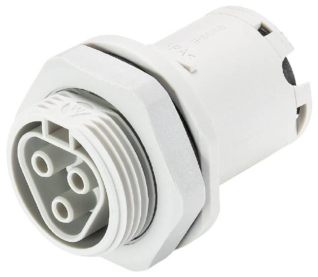 Ein weißer, zylindrischer Steckverbinder mit mehrfachen Metallkontakten und einem Schraubgewinde für elektrische Verbindungen.