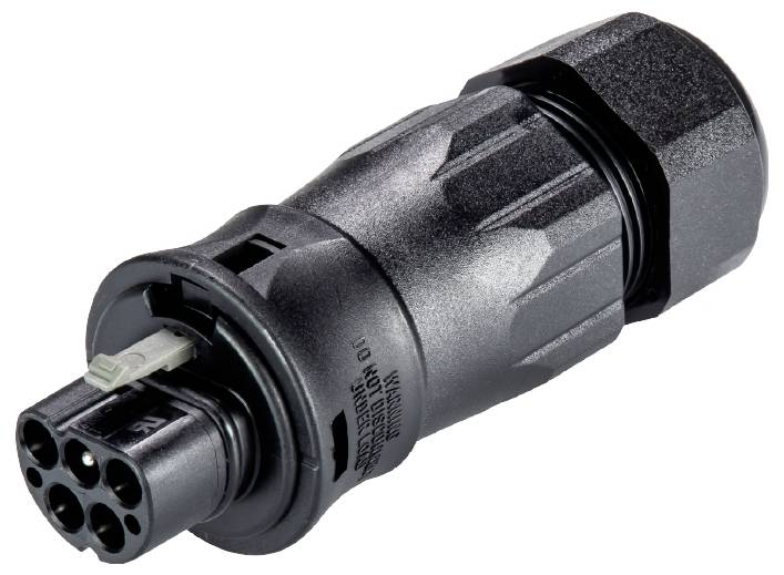 Ein schwarzer elektrischer Stecker mit mehreren Buchsen, geeignet für industrielle Anwendungen.