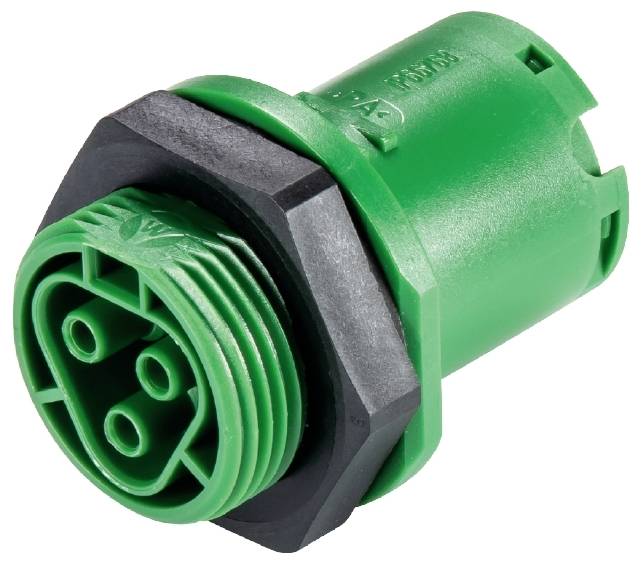 Grüne, zylindrische Steckverbindung mit drei runden Öffnungen und einem äußeren Gewinde, geeignet für elektrische Anschlüsse.