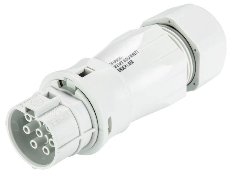 Ein weißer, mehrpoliger elektrischer Stecker mit sechs Kontakten. Er ist schraubförmig und für industrielle Anwendungen geeignet.