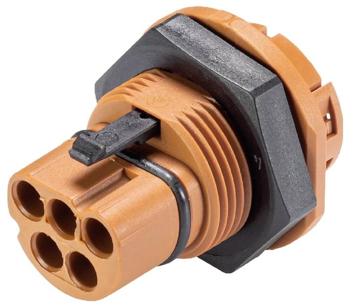 Ein orangefarbener, sechspoliger Rundstecker mit schwarzer Sechskantmutter und schwarzem Verschlussclip, auf weißem Hintergrund.