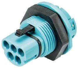 Ein türkisfarbener, zylindrischer Stecker mit mehreren Anschlussöffnungen und einem schwarzen Befestigungsring.