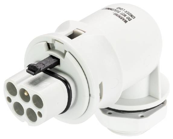 Ein weißer elektrischer Stecker mit mehreren runden Anschlüssen, typischerweise verwendet für industrielle oder spezielle Anwendungen.