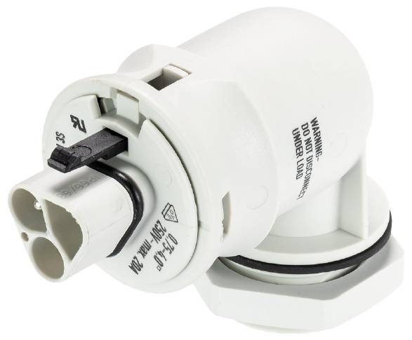 Ein weißer Kunststoff-Sensor mit elektrischen Anschlüssen und einem Warnhinweis; vermutlich Teil eines technischen Geräts.