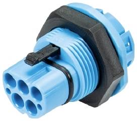 Ein blauer, sechspoliger Stecker mit schwarzem Befestigungsring, verwendet für elektrische Verbindungen in technischen Anwendungen.