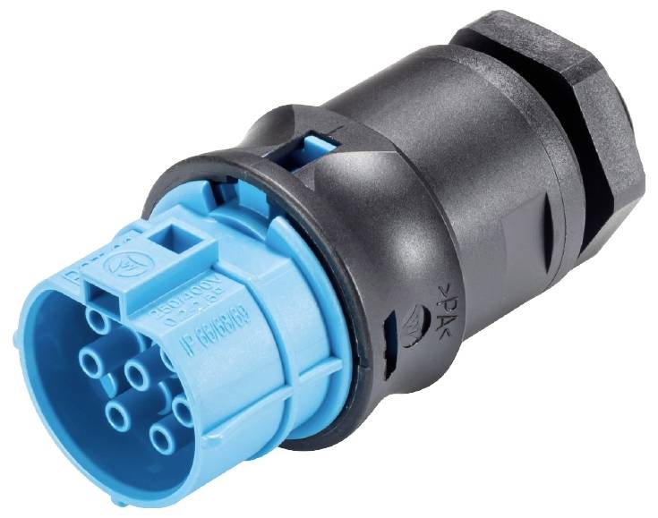 Ein blauer und schwarzer elektrischer Stecker mit mehreren Anschlüssen, geeignet für robuste Anwendungen in technischen Geräten.