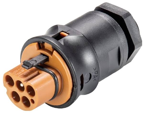 Ein schwarzer und orangefarbener elektrischer Steckverbinder, zylindrisch geformt, mit fünf Löchern in der orangen Öffnung.