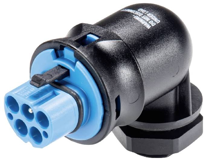 Elektrischer Steckeradapter mit schwarzem Gehäuse und blauem Anschluss, geeignet für industrielle Anwendungen, isoliert auf weißem Hintergrund.