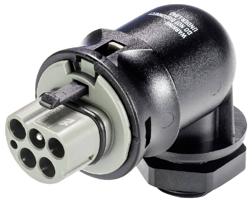 Adapter eines elektrischen Steckverbinders, schwarz und grau, für industrielle Anwendungen. Zeigt Buchsen und Verriegelungsmechanismus.