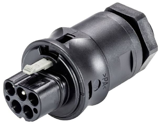 Stecker für elektrisches Fahrzeug, Typ 2, mit fünf Anschlüssen und grauem Verriegelungshebel, schwarze Bauweise.