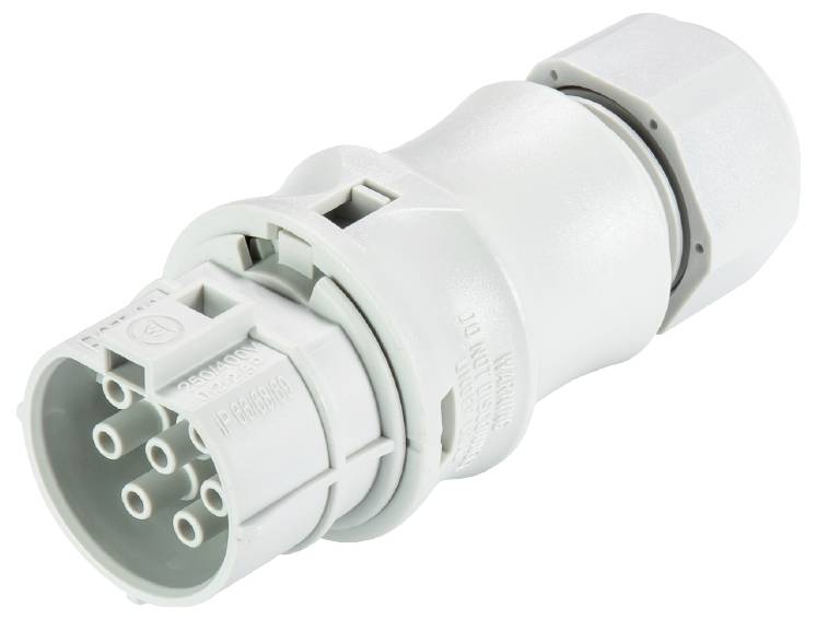 Ein weißer Mehrpol-Stecker mit Riffelung und mehreren Anschlussbuchsen, geeignet für industrielle Elektroinstallationen.