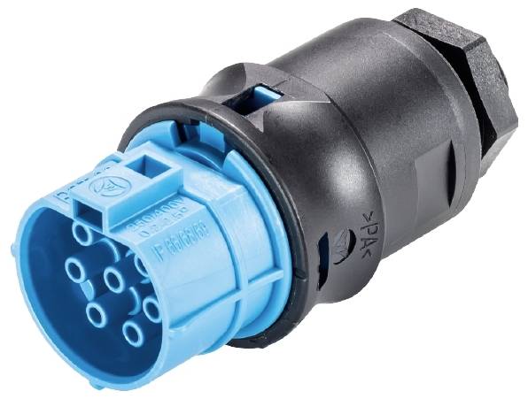 Ein blauer und schwarzer elektrischer Steckverbinder mit mehreren Anschlüssen, geeignet für industrielle Anwendungen.