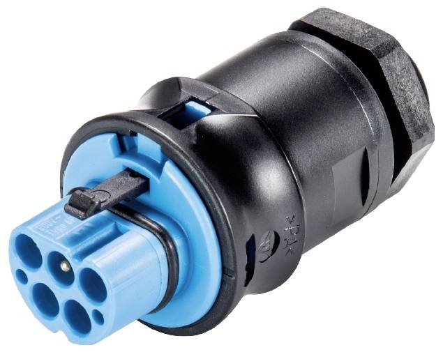 Ein schwarzer und blauer, sechspoliger Steckverbinder, geeignet für elektrische Verbindungen in industriellen Anwendungen.