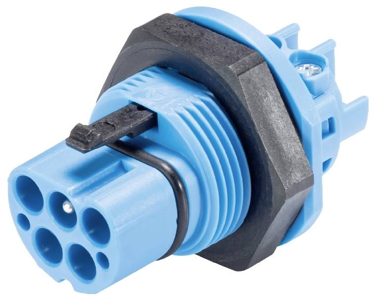 Ein blauer elektrischer Steckverbinder mit mehreren Anschlüssen und schwarzer Verriegelung. Geeignet für industrielle Anwendungen.