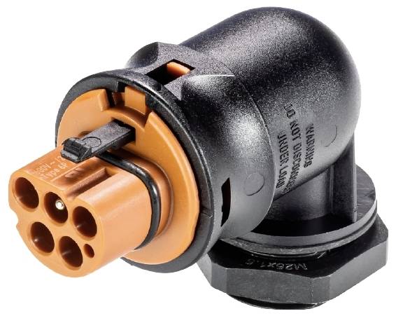 Ein schwarzer, rechtwinkliger elektrischer Stecker mit orangefarbenem Einsatz und mehreren Anschlusspunkten für Kabelverbindungen.