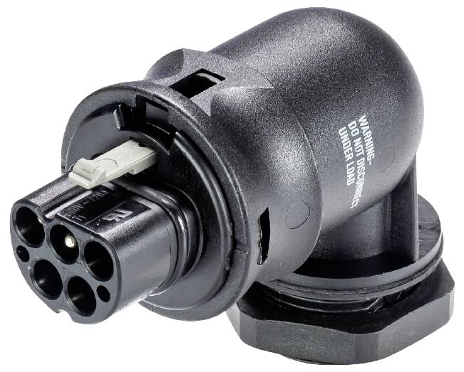 Ein schwarzer, gewinkelter elektrischer Kabelstecker mit mehreren Steckplätzen und einem Warnhinweis an der Seite.