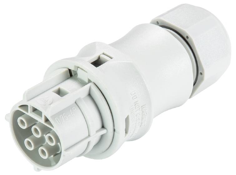 Ein zylindrischer, grauer elektrischer Stecker mit mehreren runden Kontaktstiften, in einer Seitenansicht dargestellt.