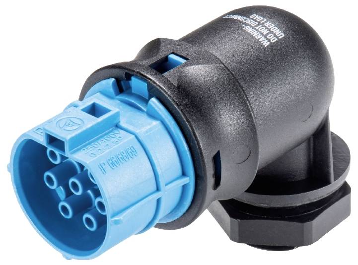 Schwarzer und blauer Kunststoff-Stecker, zylindrisch geformt mit mehreren Anschlüssen, auf weißem Hintergrund.
