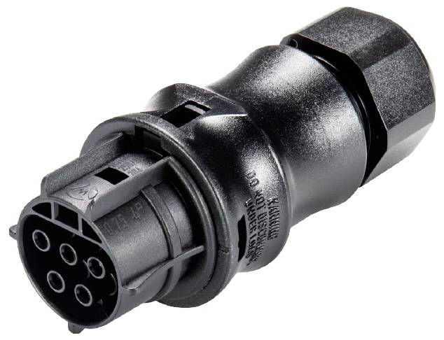 Schwarzer, zylindrischer elektrischer Stecker mit mehreren Anschlussstiften, geeignet für technische oder industrielle Anwendungen.
