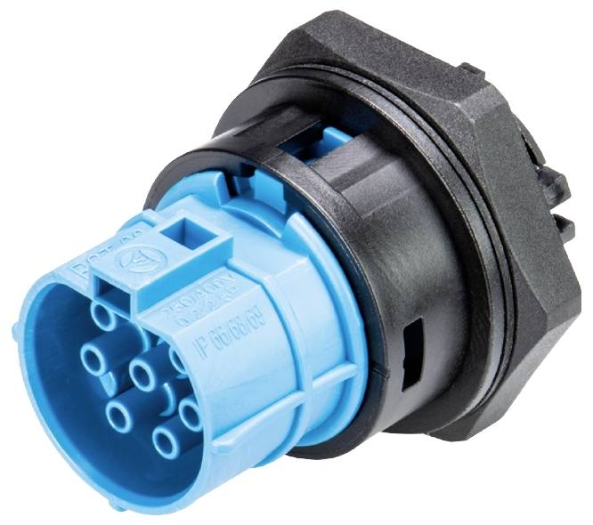 Blauer und schwarzer elektrischer Stecker mit mehreren Pins, dient zur Verbindung elektrischer Geräte oder Systeme.