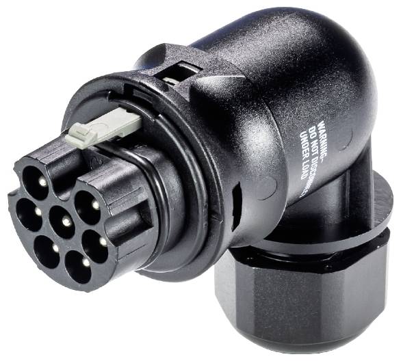 Schwarzer elektrischer Stecker mit sieben runden Kontakten und einem seitlichen Anschluss. Verwendet in Fahrzeugen für Anhängeranschluss.