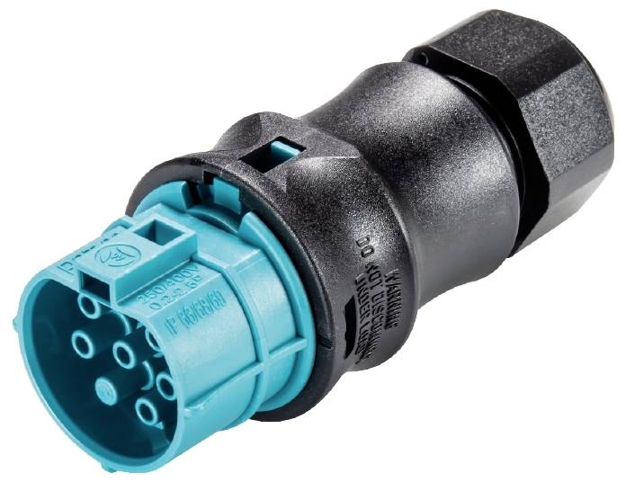 Ein blauer, runder Stecker mit mehreren Löchern zum Verbinden von Kabeln, umhüllt von einem schwarzen, zylindrischen Gehäuse.